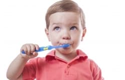 Young child in pink shirt brushing teeth with blue toothbrush against white background.
